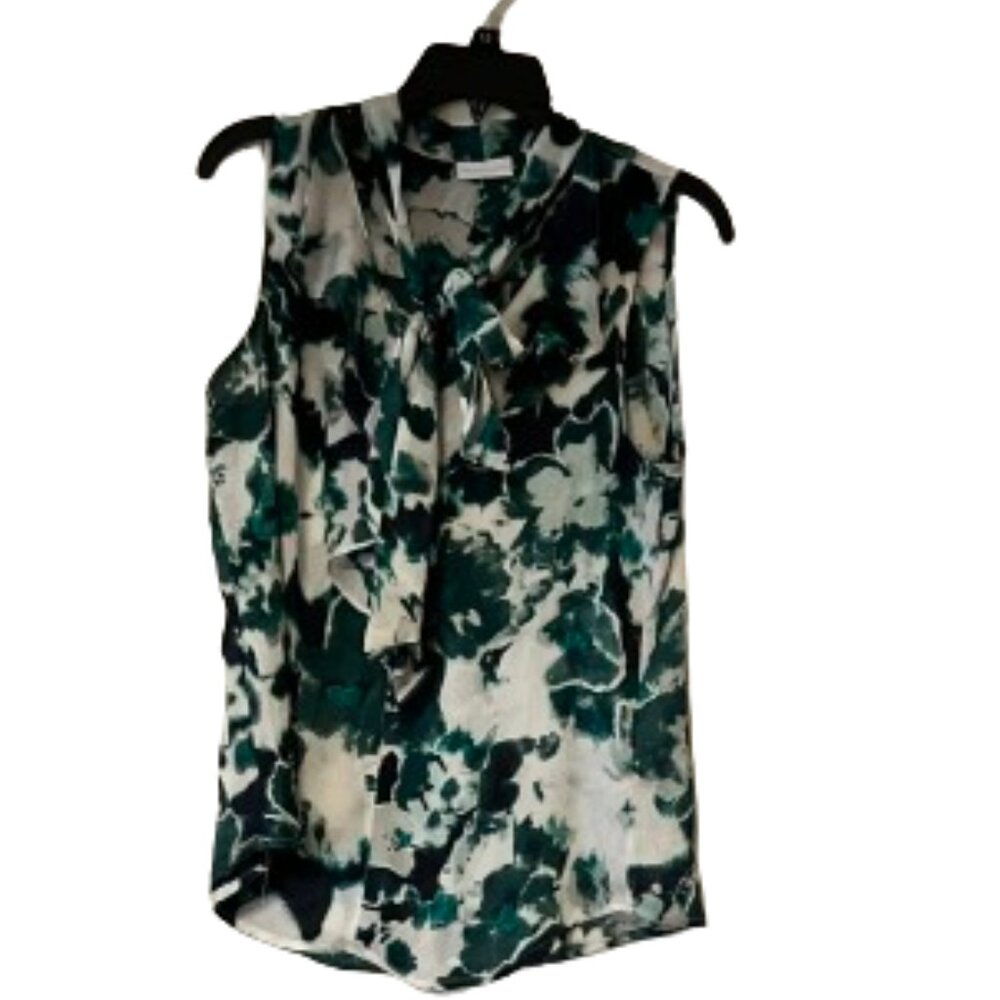 New York & Company Green & White Sleeveless Tie Neck Blouse - Medium